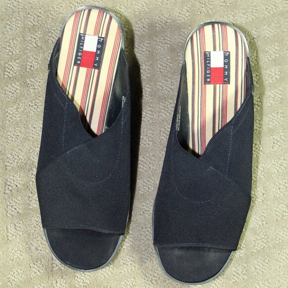 Vtg Tommy Hilfiger Navy Blue Women's Size 8.5M Peep Toe Foam Wedge Slip On Shoe - Picture 2 of 6